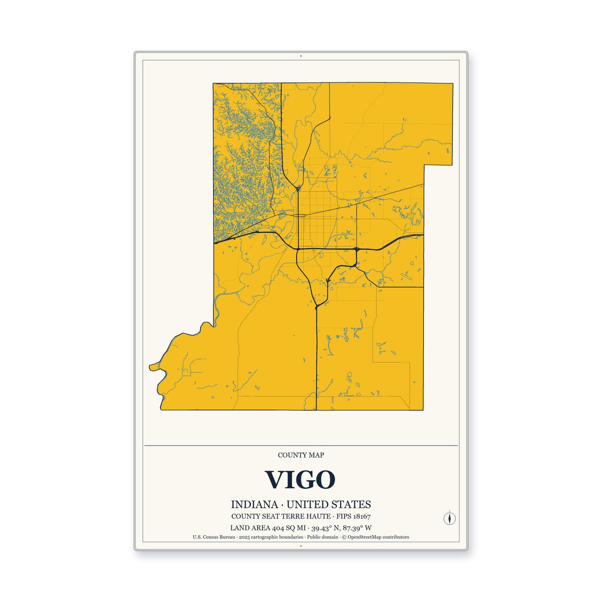 Vigo County, Indiana Map Aluminum Sign in Citrine Modern style