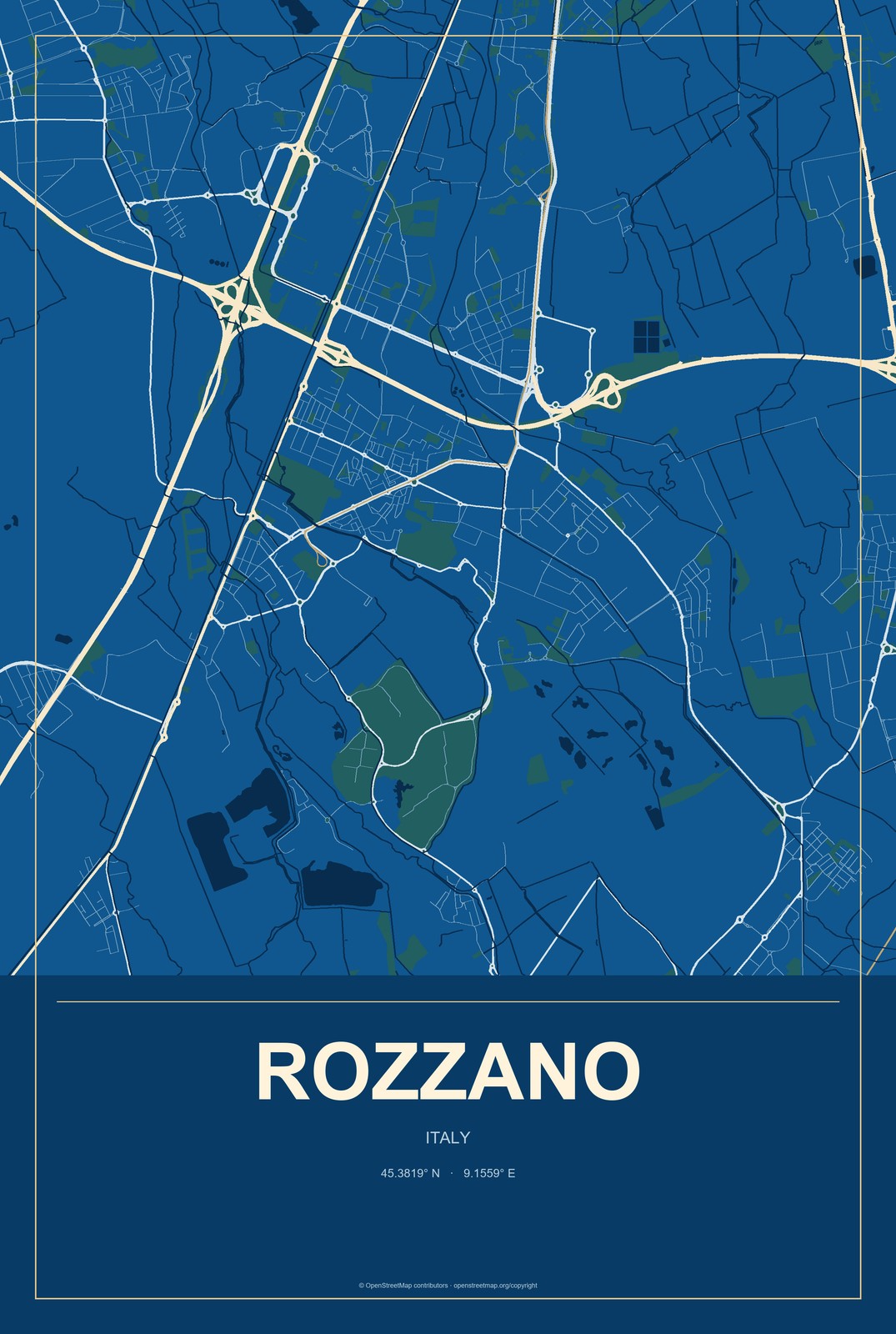 Rozzano, Italy City Map Aluminum Sign in Harbor Cobalt style