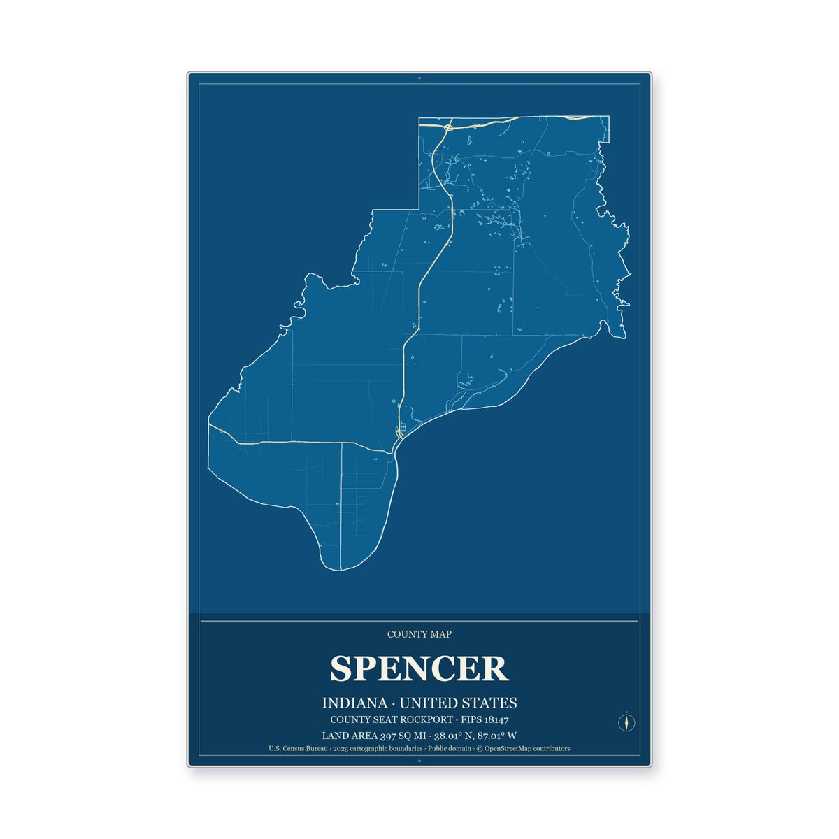 Spencer County, Indiana Map Aluminum Sign in Harbor Cobalt style