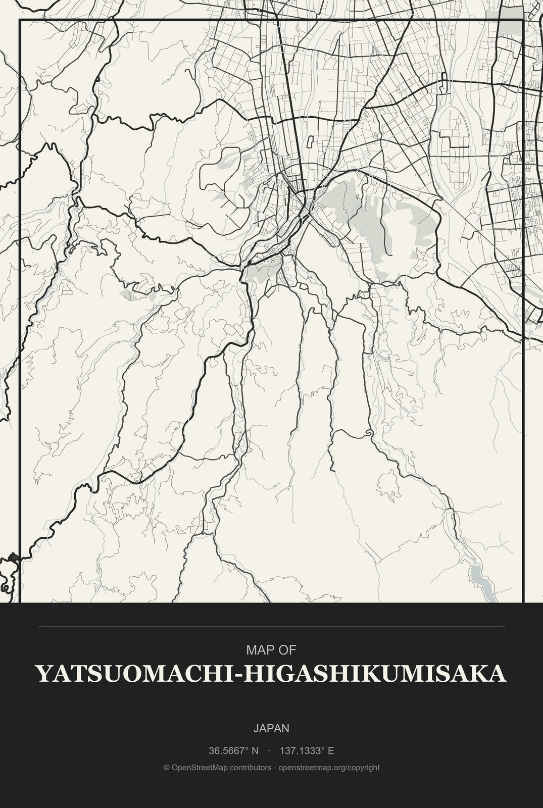 Yatsuomachi-higashikumisaka, Japan City Map Aluminum Sign in Museum Plaque style