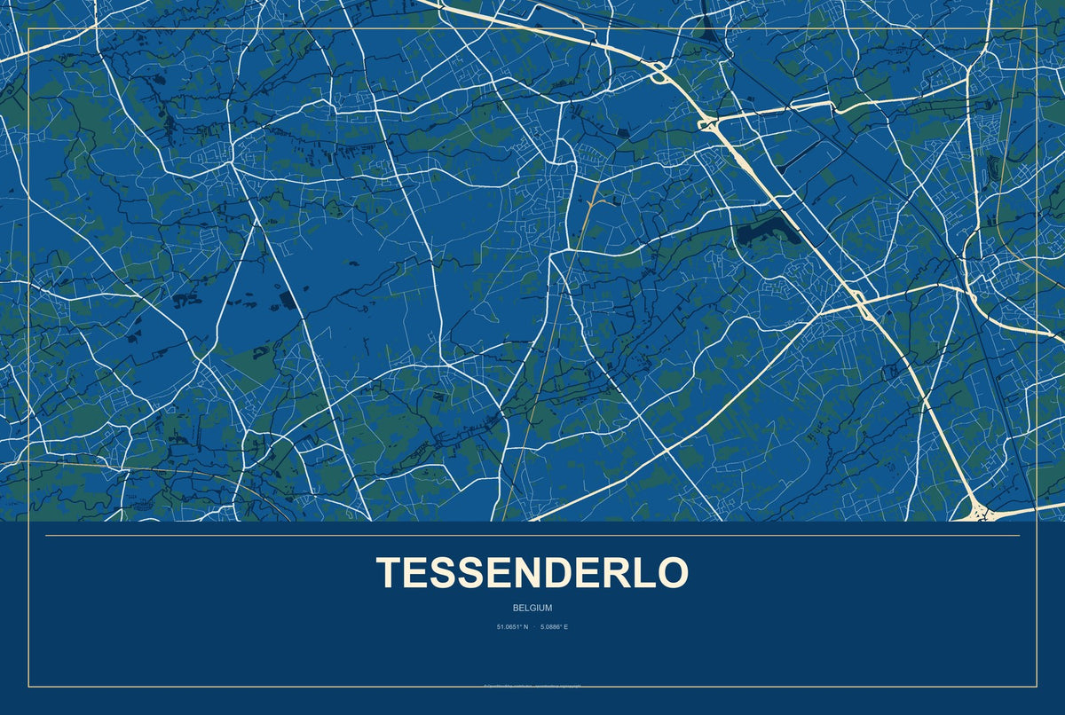 Tessenderlo, Belgium City Map Aluminum Sign in Harbor Cobalt style