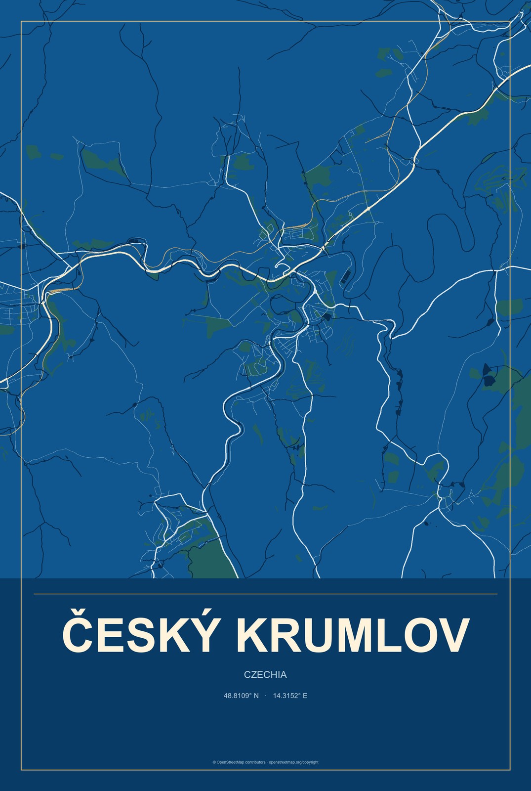 Český Krumlov, Czechia City Map Aluminum Sign in Harbor Cobalt style