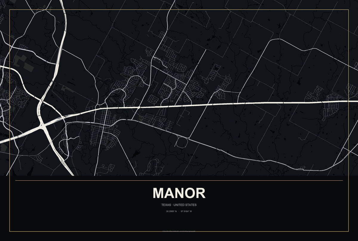 Manor, Texas City Map Aluminum Sign in Metropolitan Noir style