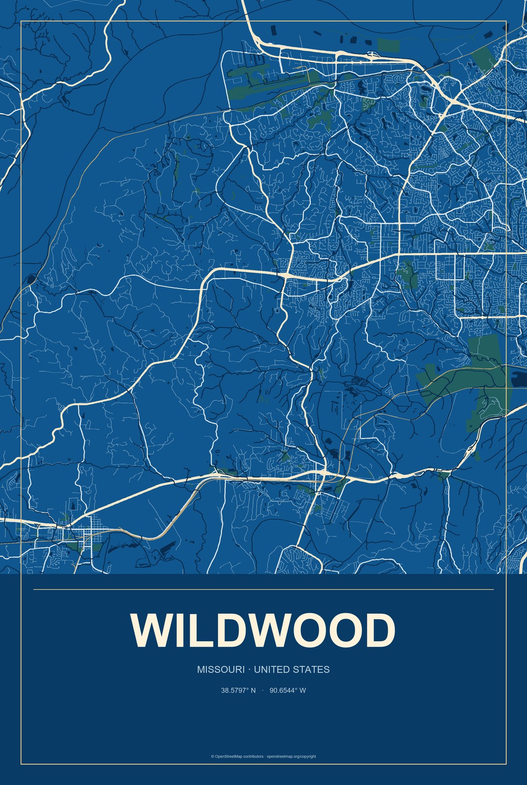 Wildwood, Missouri City Map Aluminum Sign in Harbor Cobalt style