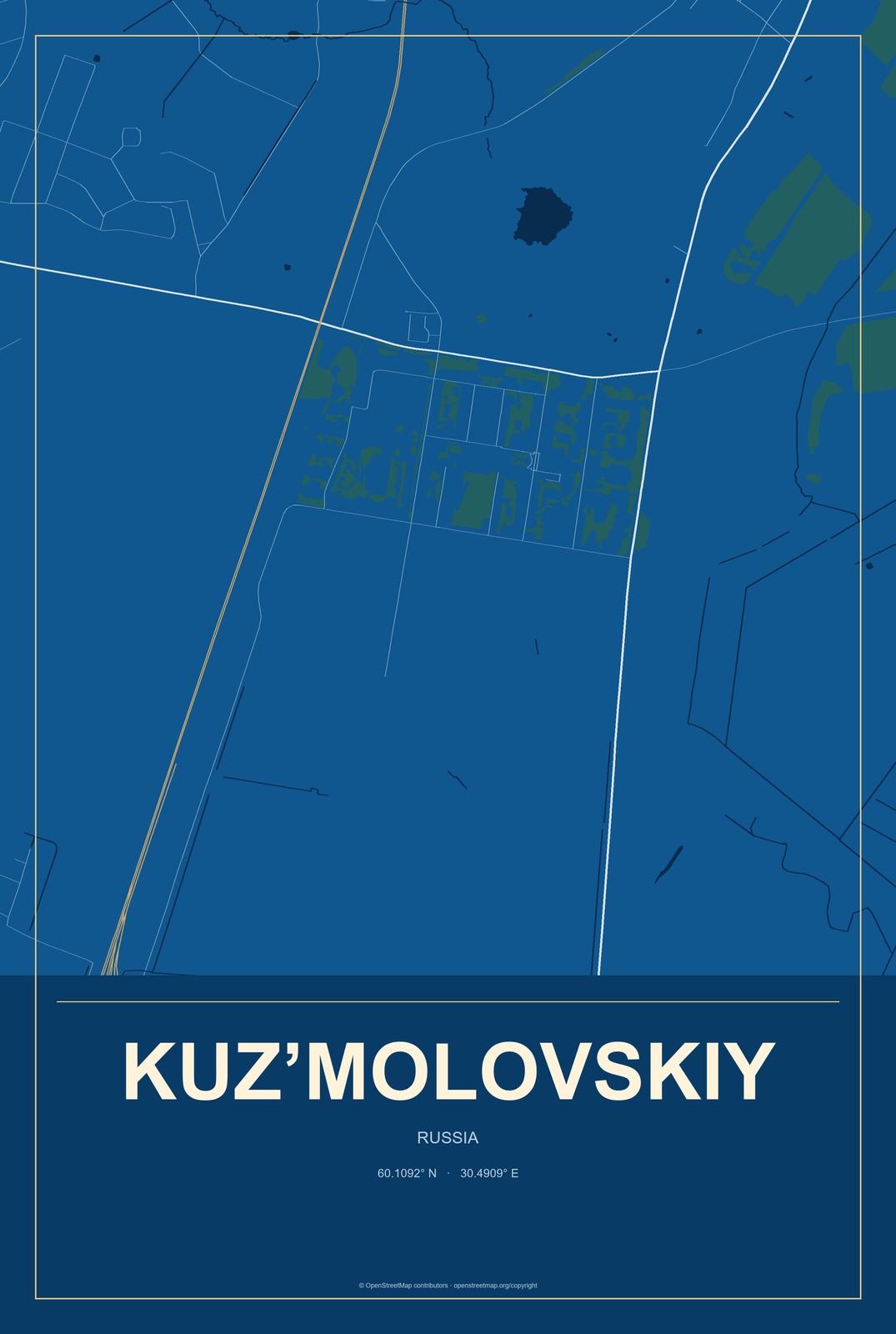Kuz’molovskiy, Russia City Map Aluminum Sign in Harbor Cobalt style
