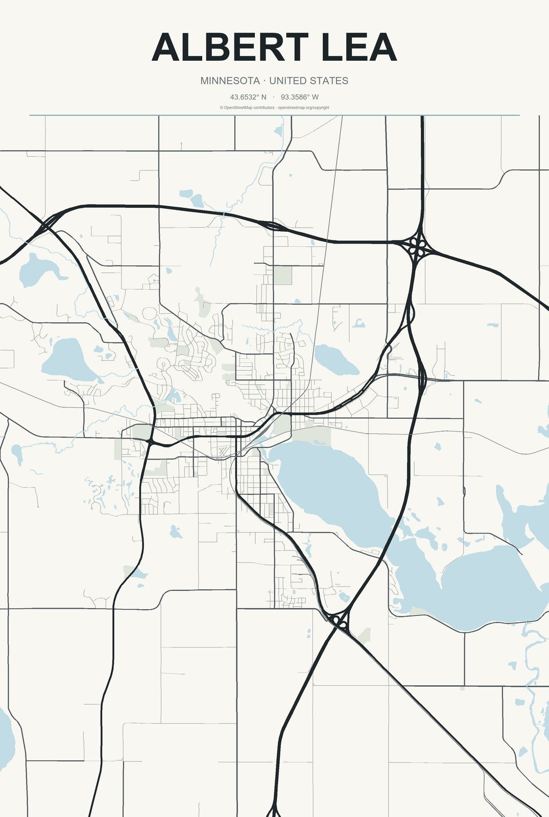 Albert Lea, Minnesota City Map Aluminum Sign in Headline Atlas style
