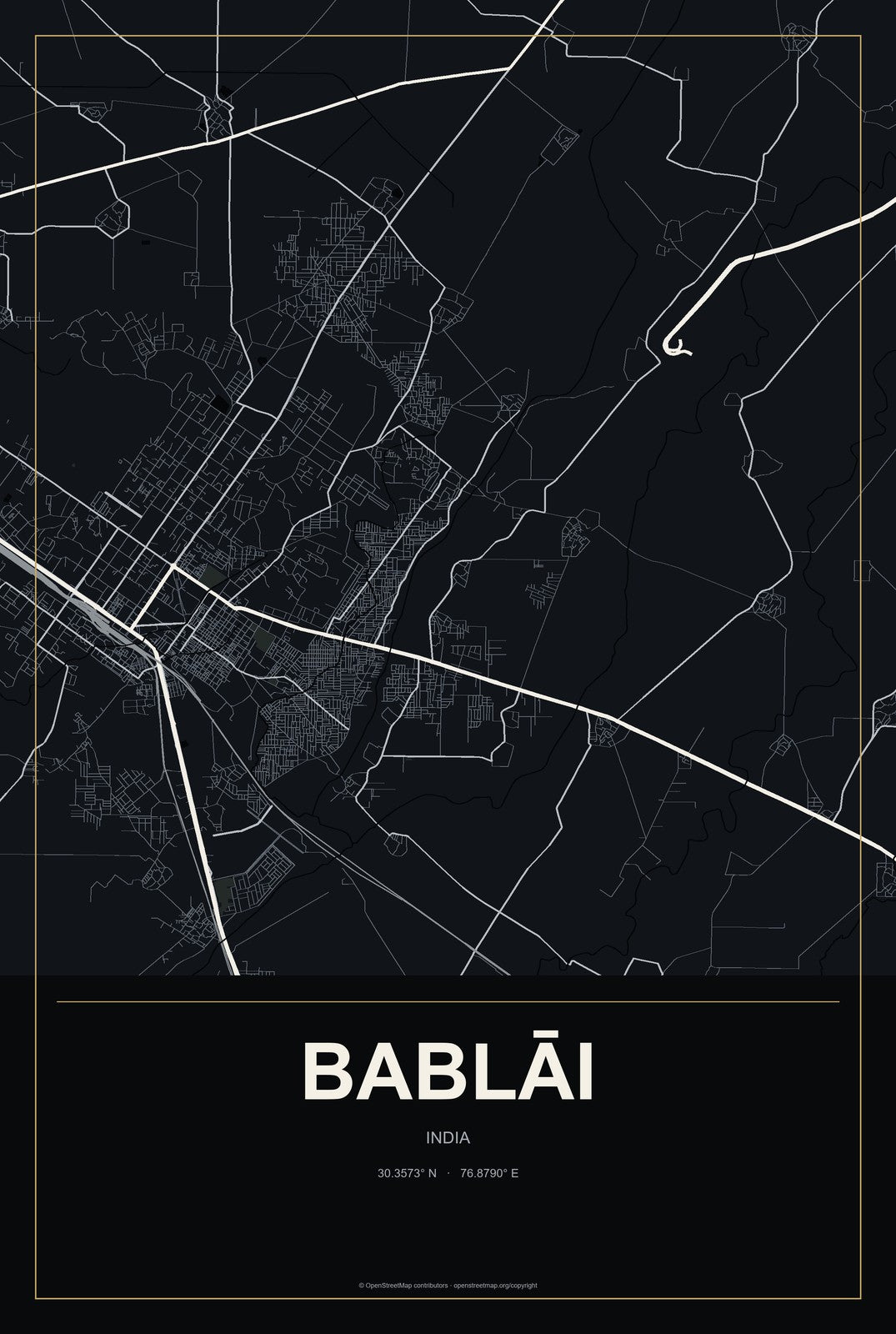 Bablāi, India City Map Aluminum Sign in Metropolitan Noir style