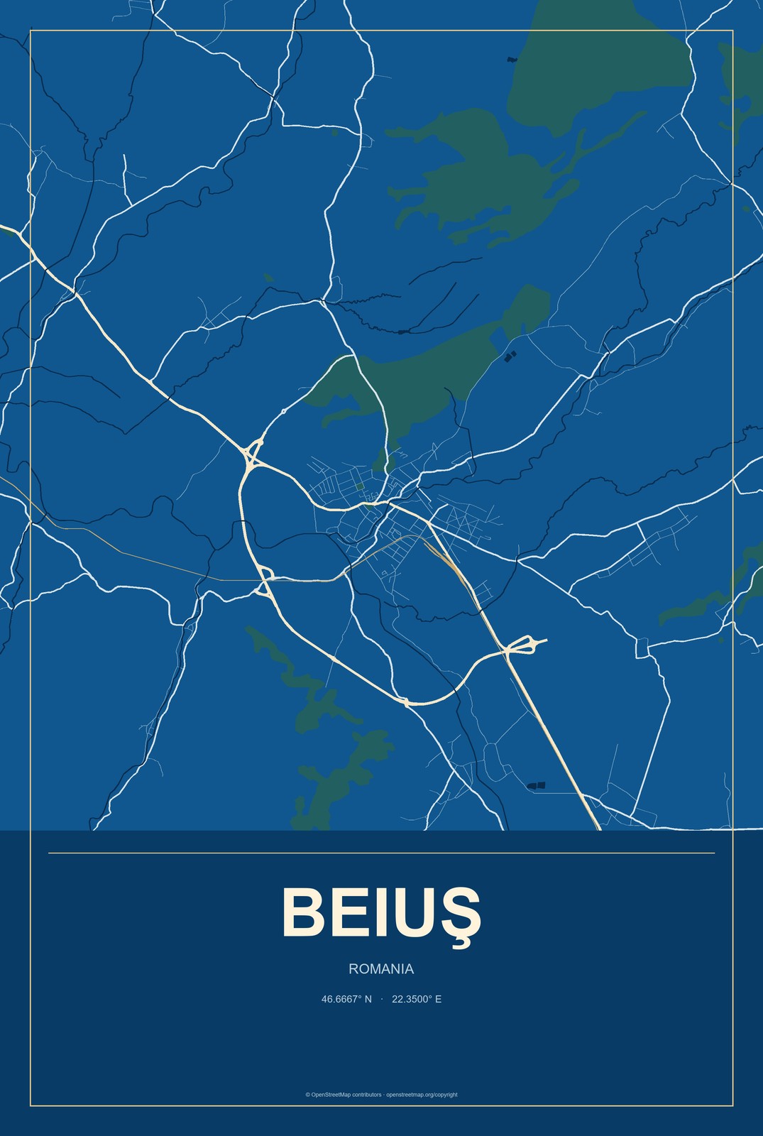 Beiuş, Romania City Map Aluminum Sign in Harbor Cobalt style