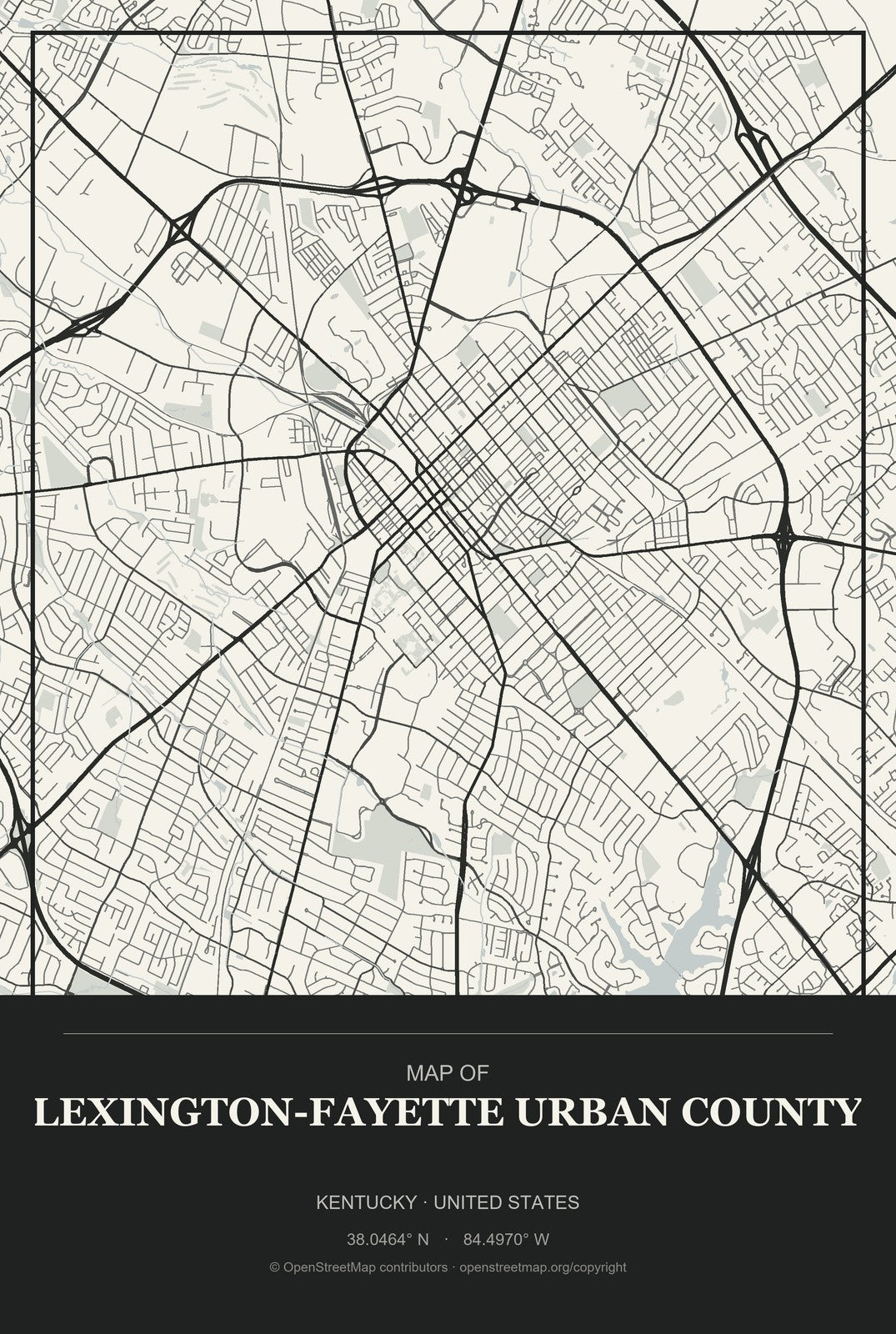 Lexington-Fayette urban county, Kentucky City Map Aluminum Sign in Museum Plaque style