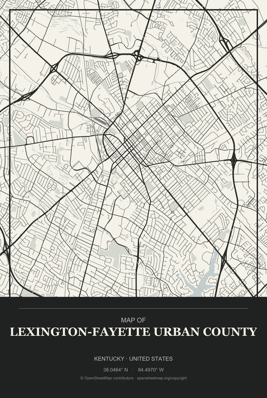 Lexington-Fayette urban county, Kentucky City Map Aluminum Sign in Museum Plaque style