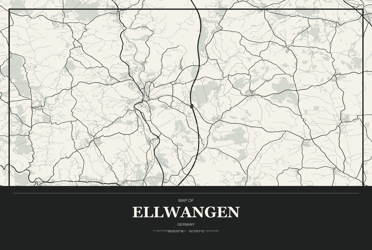 Ellwangen, Germany City Map Aluminum Sign in Museum Plaque style