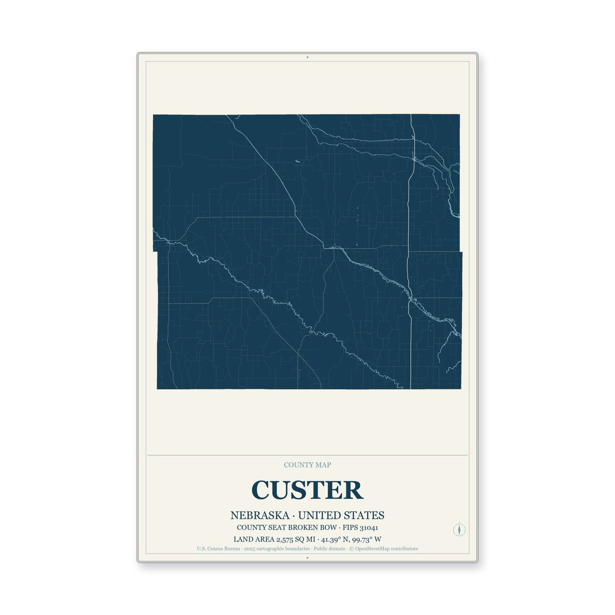 Custer County, Nebraska Map Aluminum Sign in Coastal Cutout style