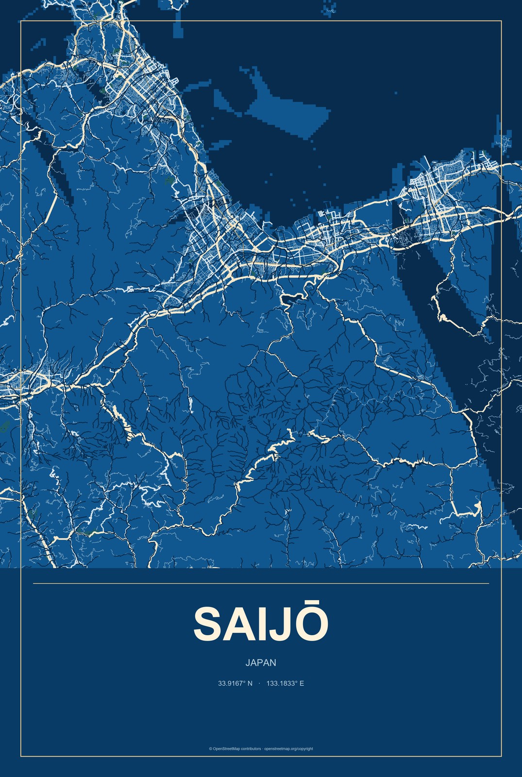 Saijō, Japan City Map Aluminum Sign in Harbor Cobalt style