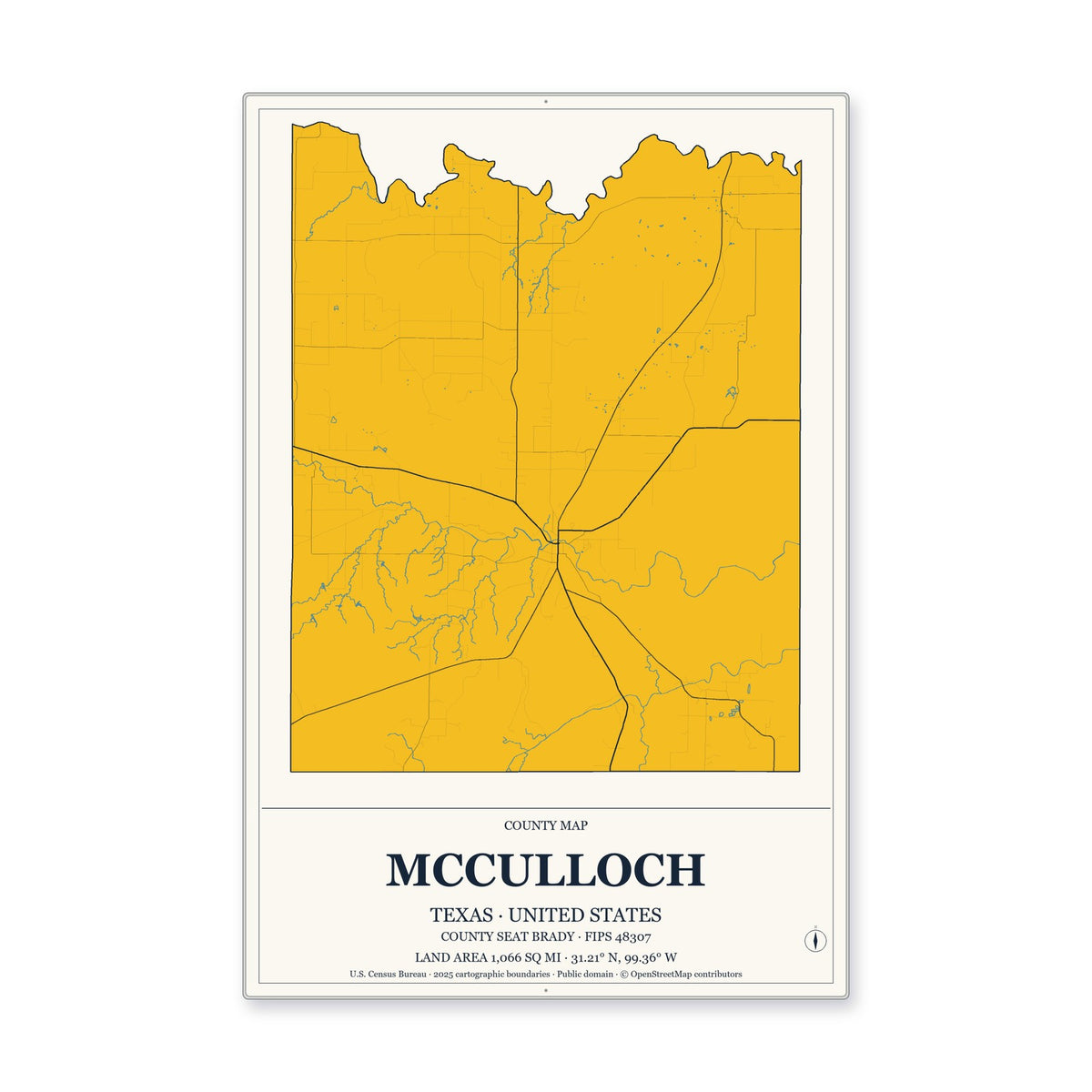 McCulloch County, Texas Map Aluminum Sign in Citrine Modern style
