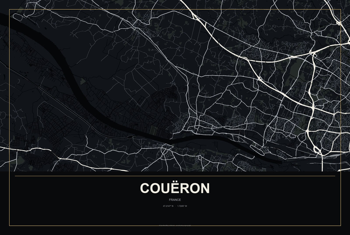 Couëron, France City Map Aluminum Sign in Metropolitan Noir style