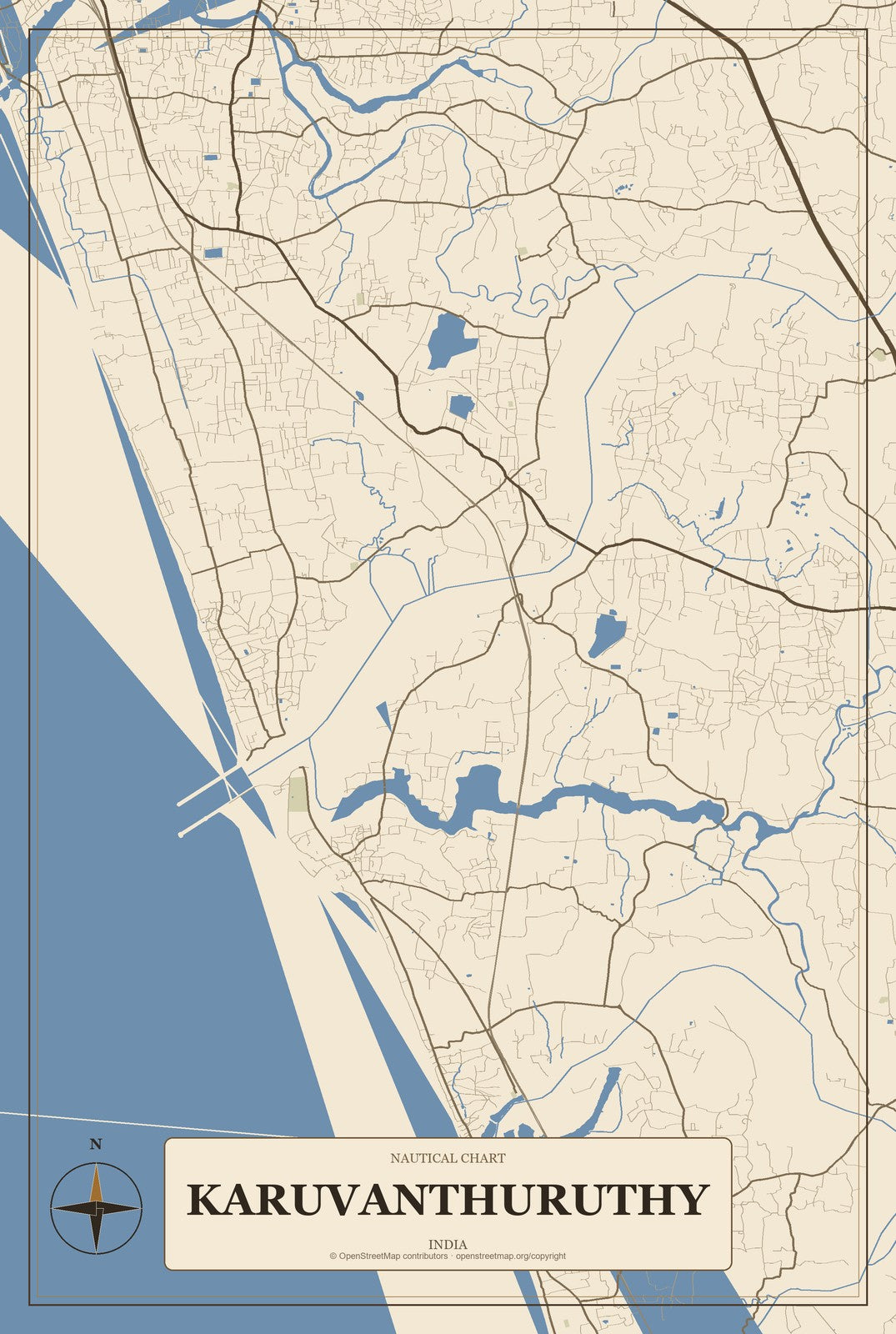 Karuvanthuruthy, India City Map Aluminum Sign in Heritage Nautical style