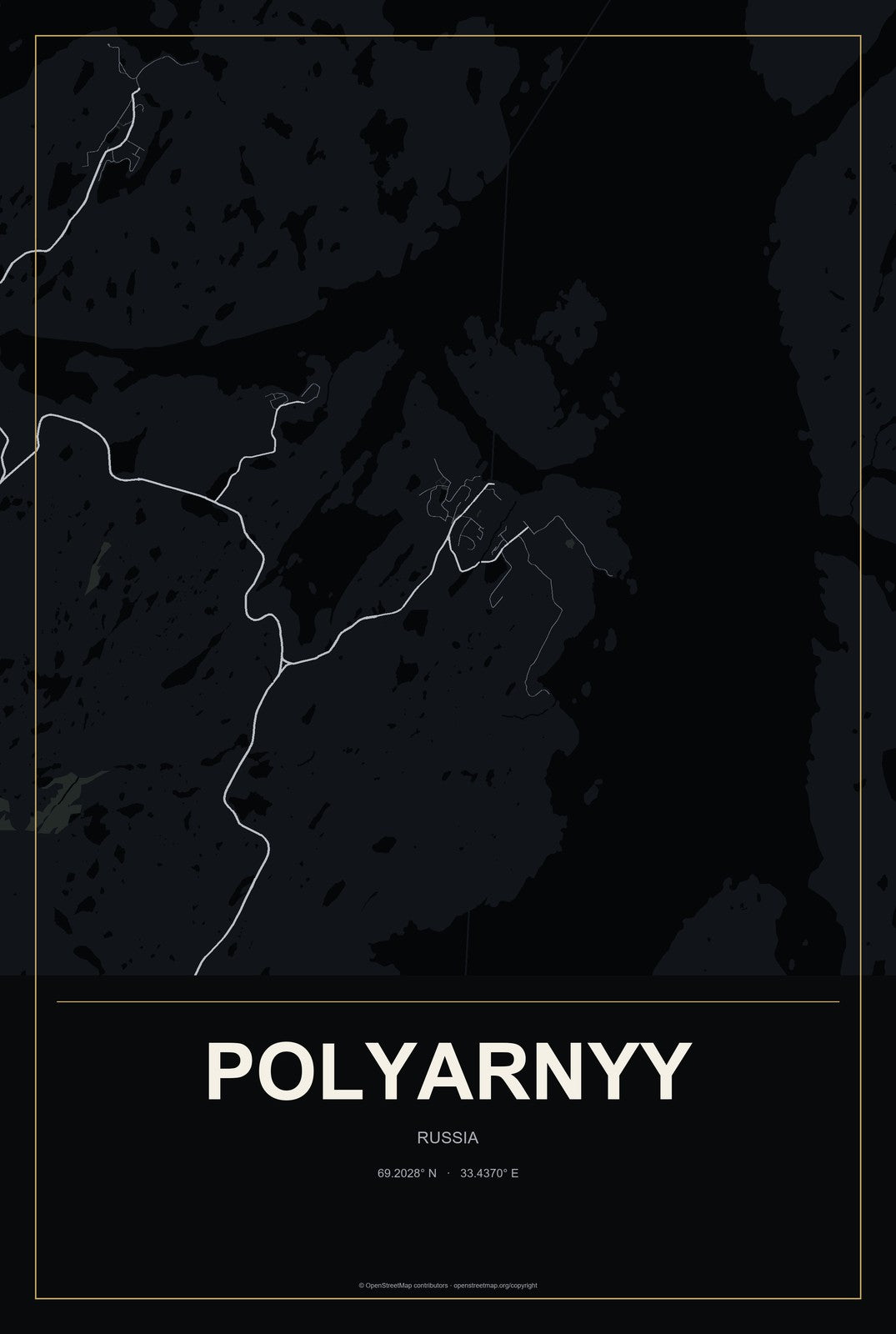 Polyarnyy, Russia City Map Aluminum Sign in Metropolitan Noir style