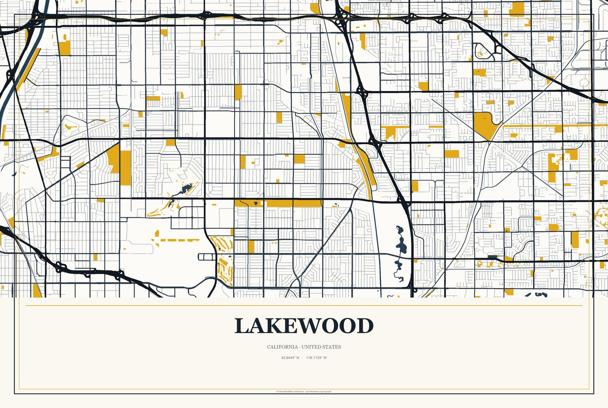 Lakewood, California City Map Aluminum Sign in Citrine Modern style