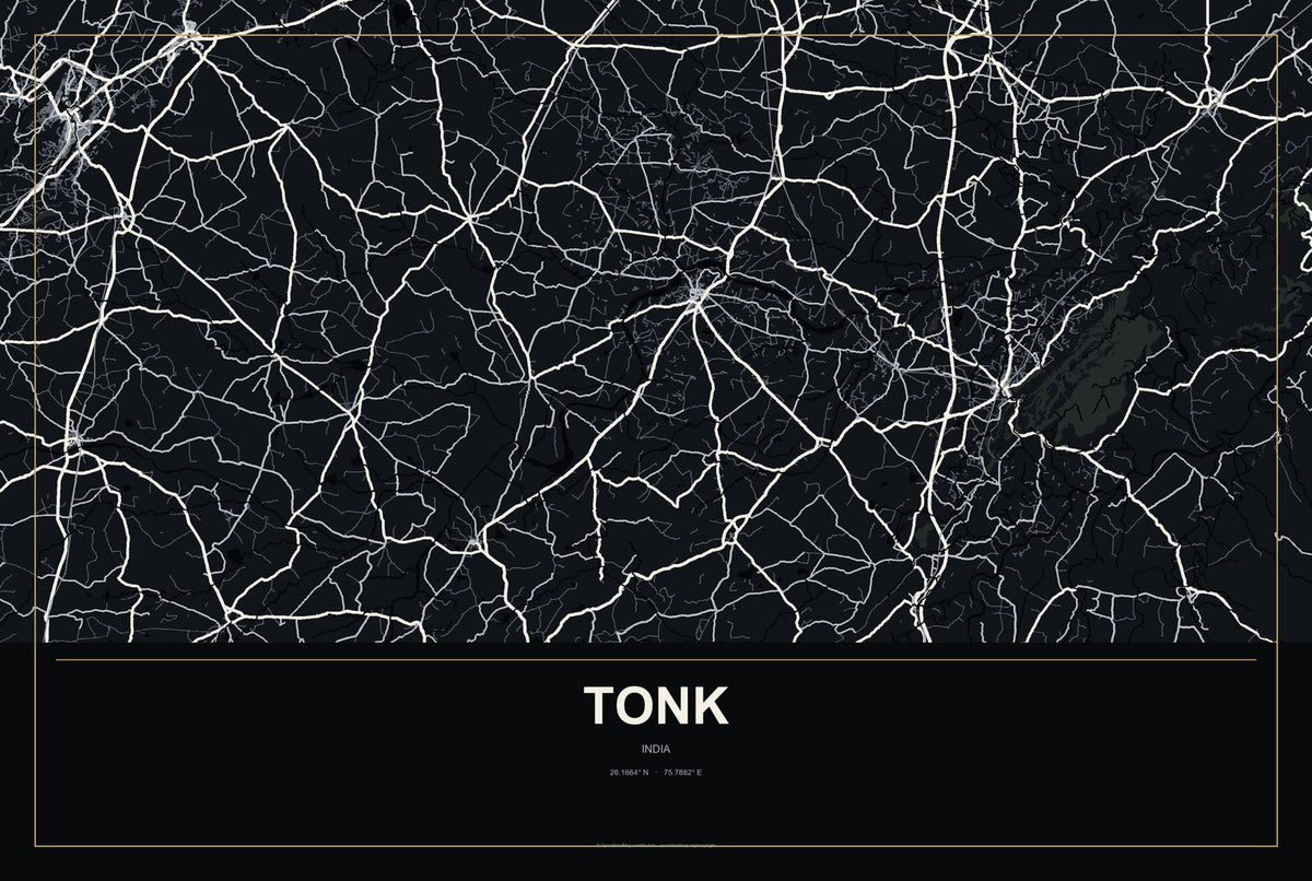 Tonk, India City Map Aluminum Sign in Metropolitan Noir style