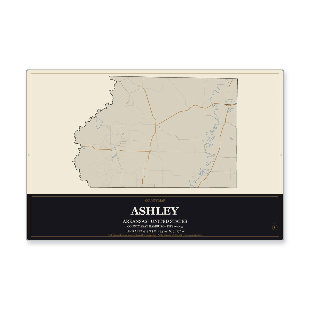 Ashley County, Arkansas Map Aluminum Sign in Museum Plaque style