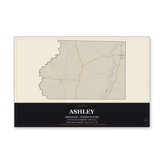 Ashley County, Arkansas Map Aluminum Sign in Museum Plaque style
