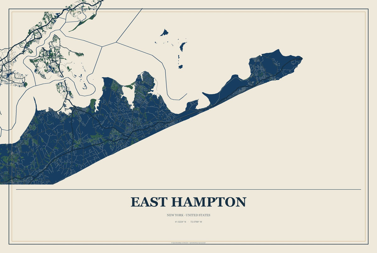East Hampton, New York City Map Aluminum Sign in Coastal Cutout style