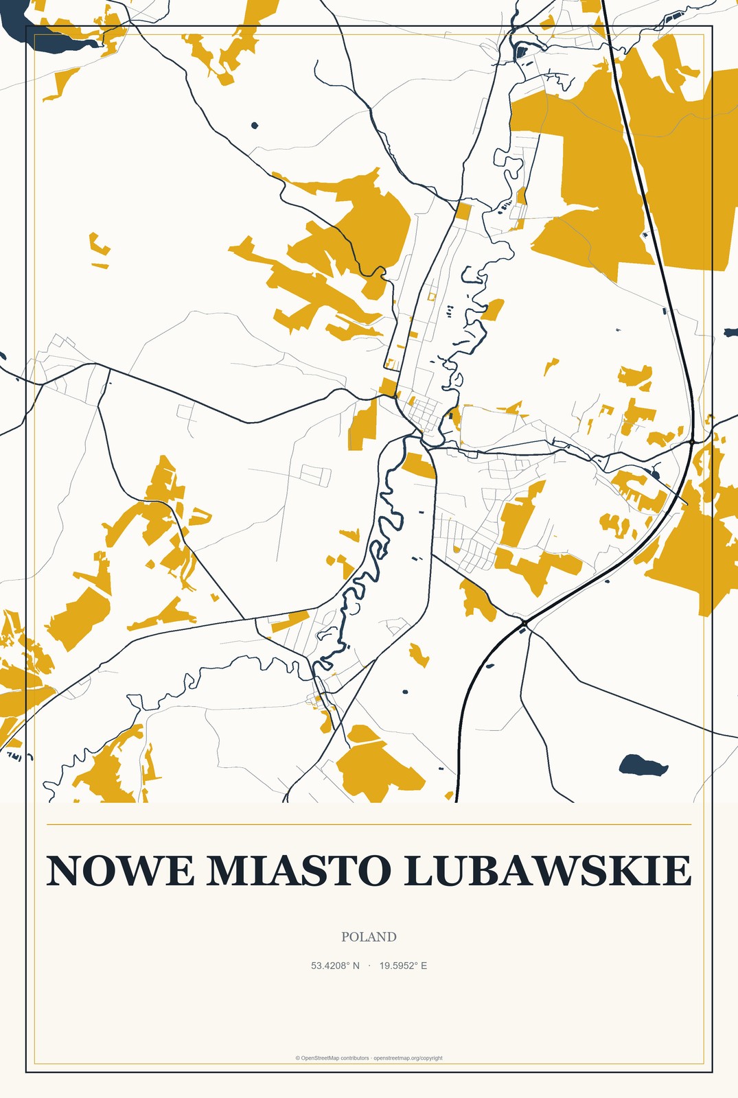 Nowe Miasto Lubawskie, Poland City Map Aluminum Sign in Citrine Modern style