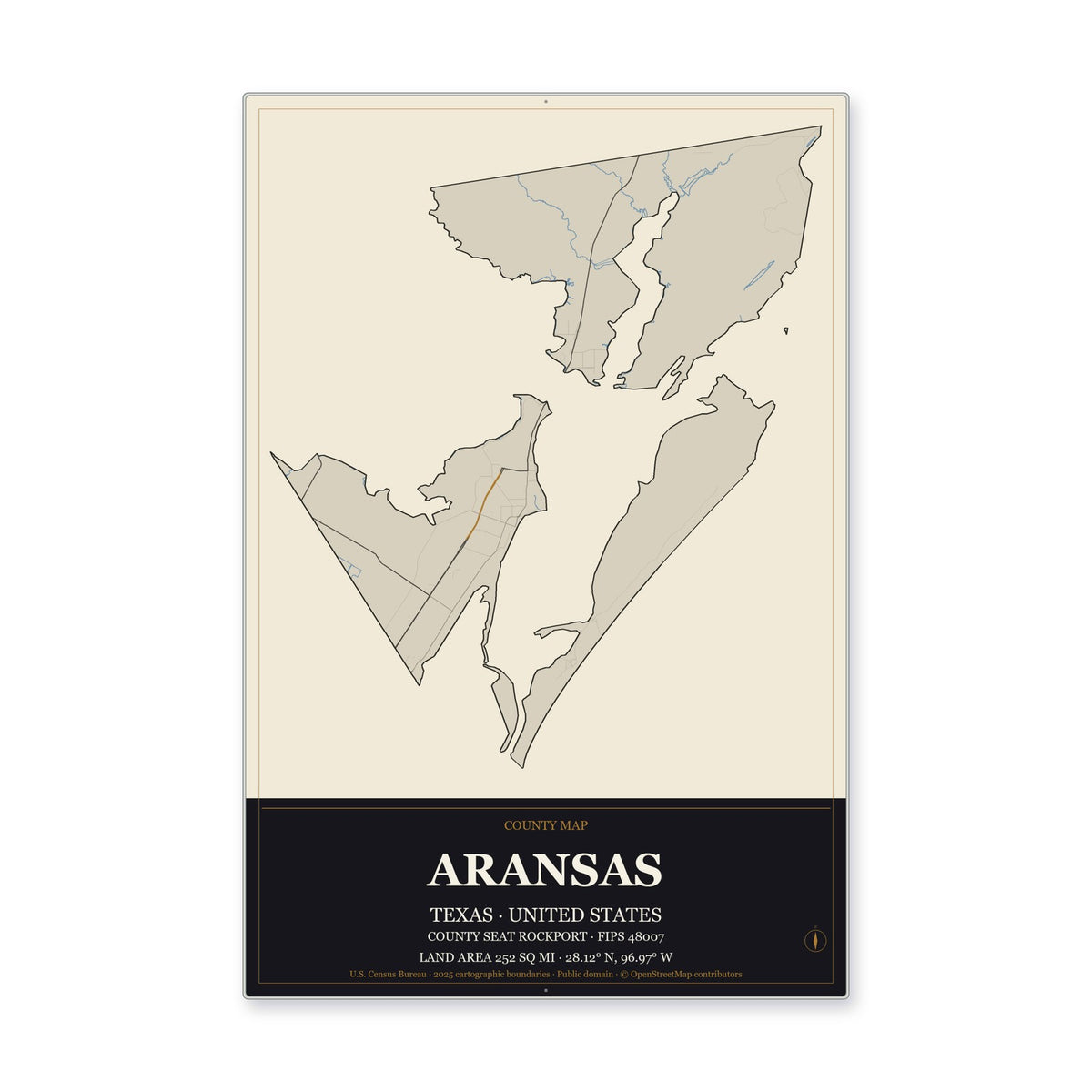Aransas County, Texas Map Aluminum Sign in Museum Plaque style