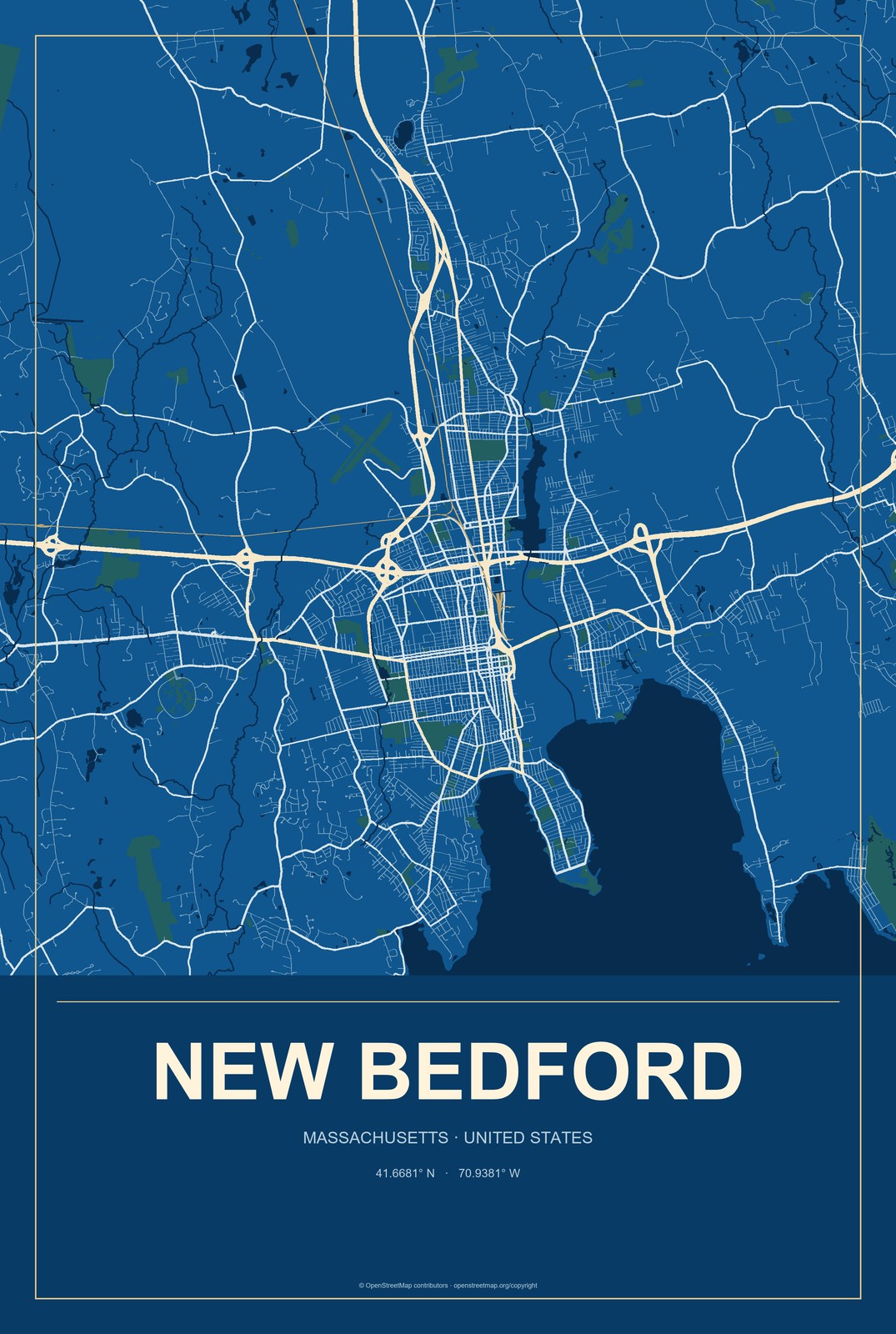 New Bedford, Massachusetts City Map Aluminum Sign in Harbor Cobalt style
