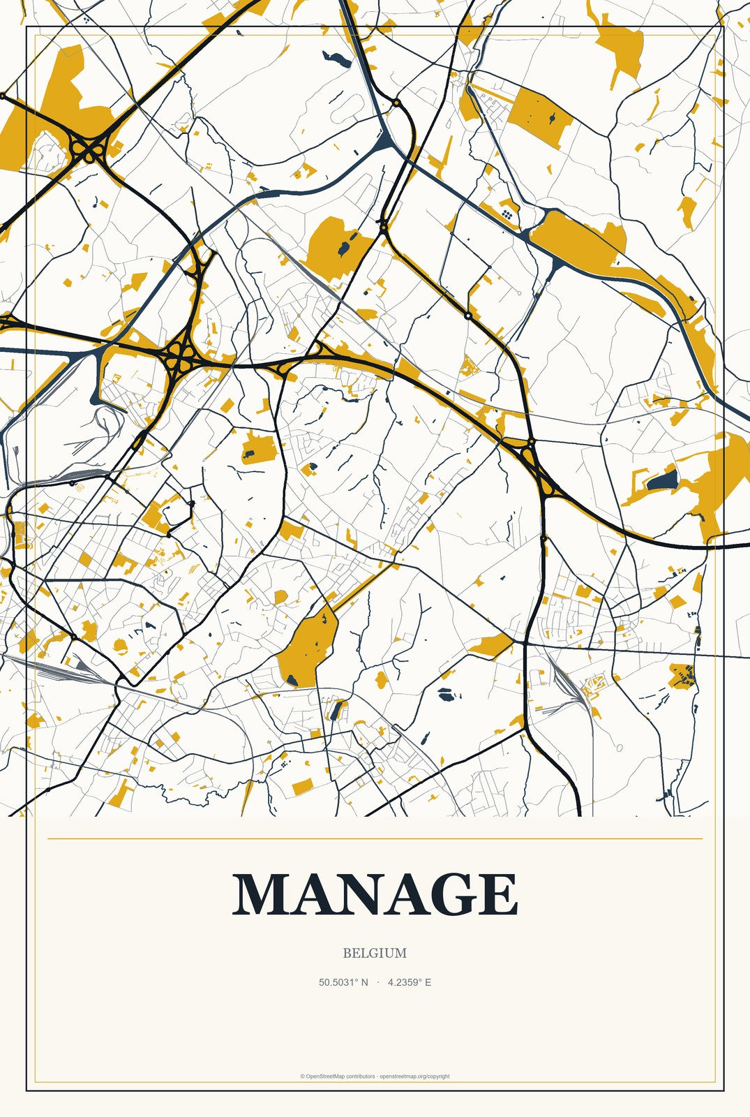 Manage, Belgium City Map Aluminum Sign in Citrine Modern style