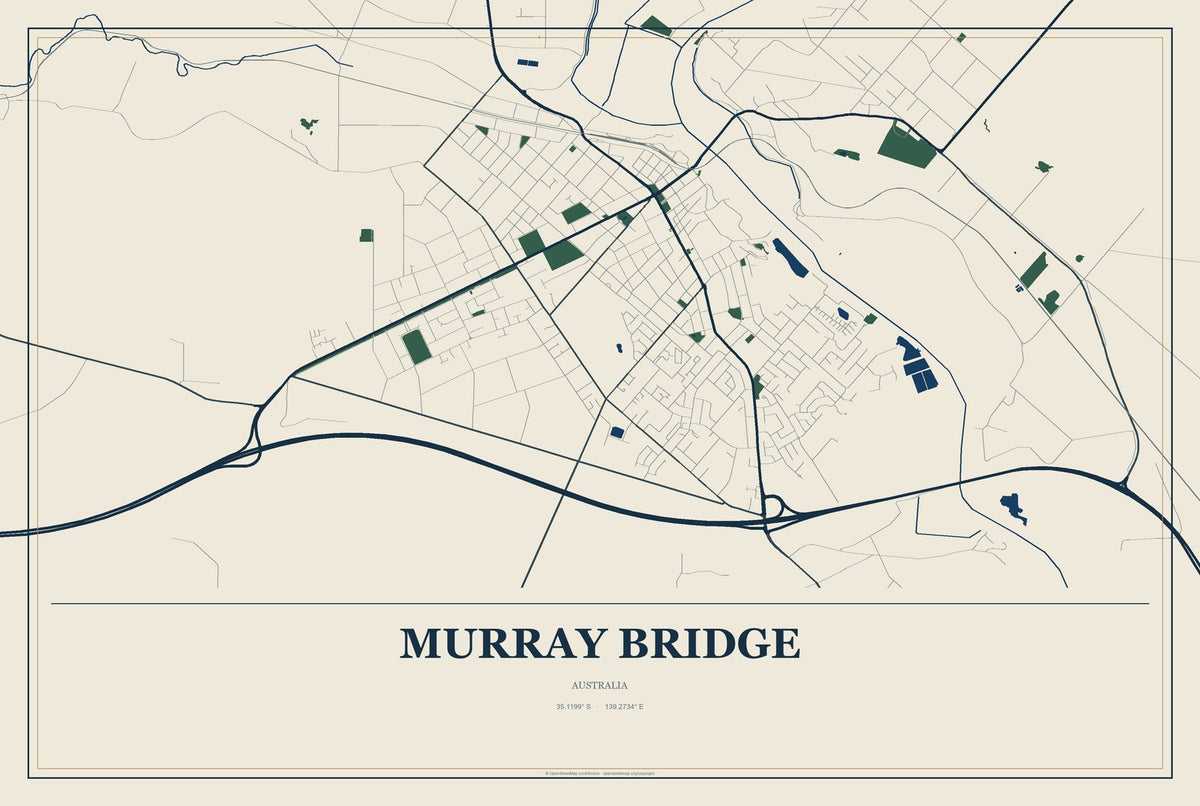 Murray Bridge, Australia City Map Aluminum Sign in Coastal Cutout style
