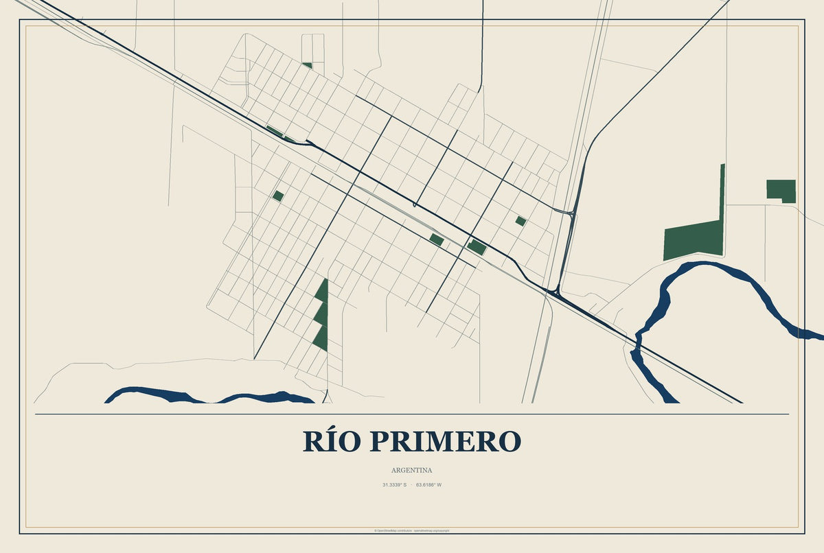 Río Primero, Argentina City Map Aluminum Sign in Coastal Cutout style