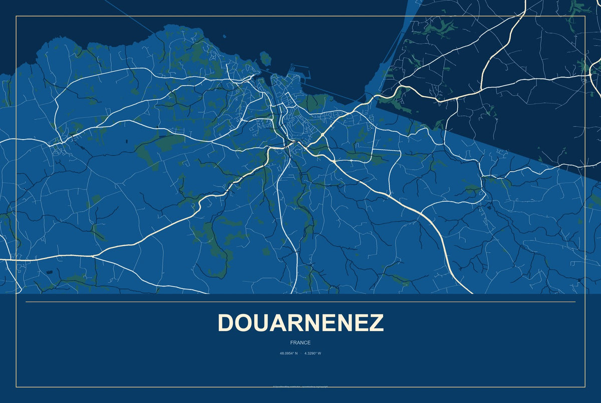 Douarnenez, France City Map Aluminum Sign in Harbor Cobalt style