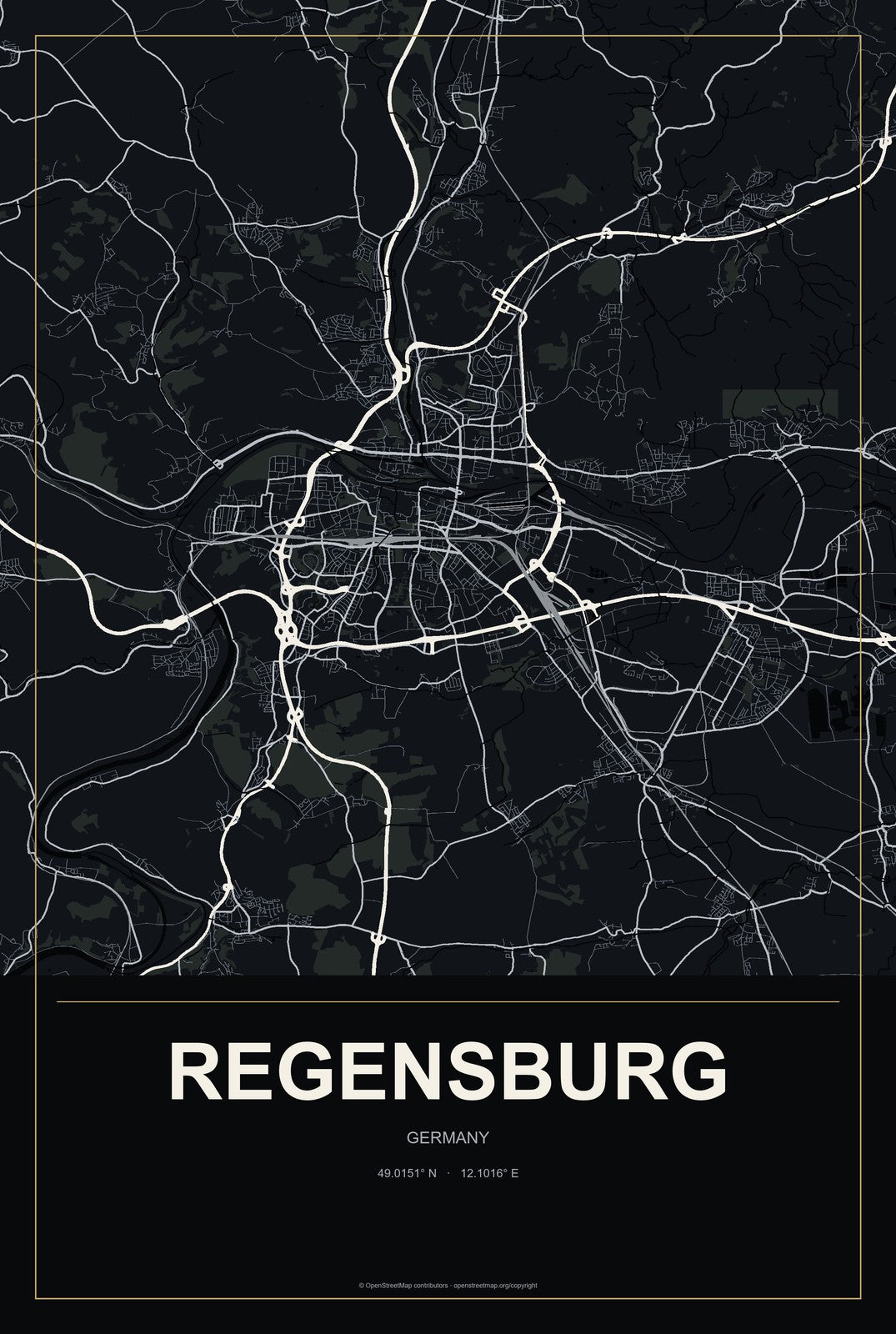 Regensburg, Germany City Map Aluminum Sign in Metropolitan Noir style