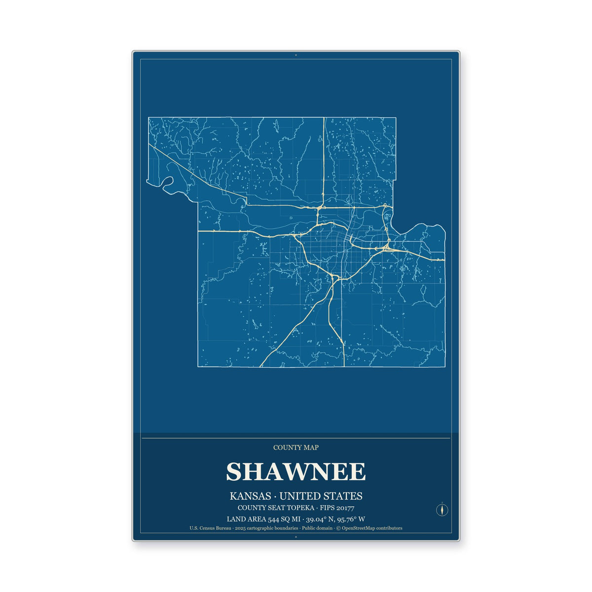 Shawnee County, Kansas Map Aluminum Sign in Harbor Cobalt style