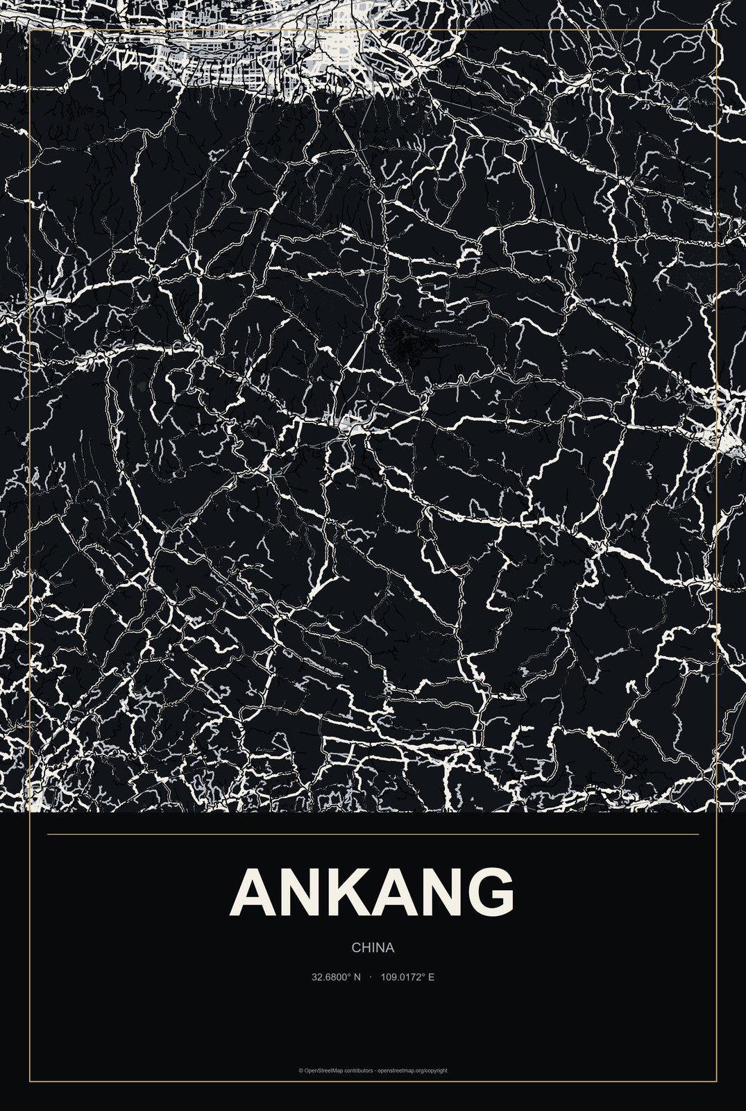 Ankang, Shaanxi, China City Map Aluminum Sign in Metropolitan Noir style