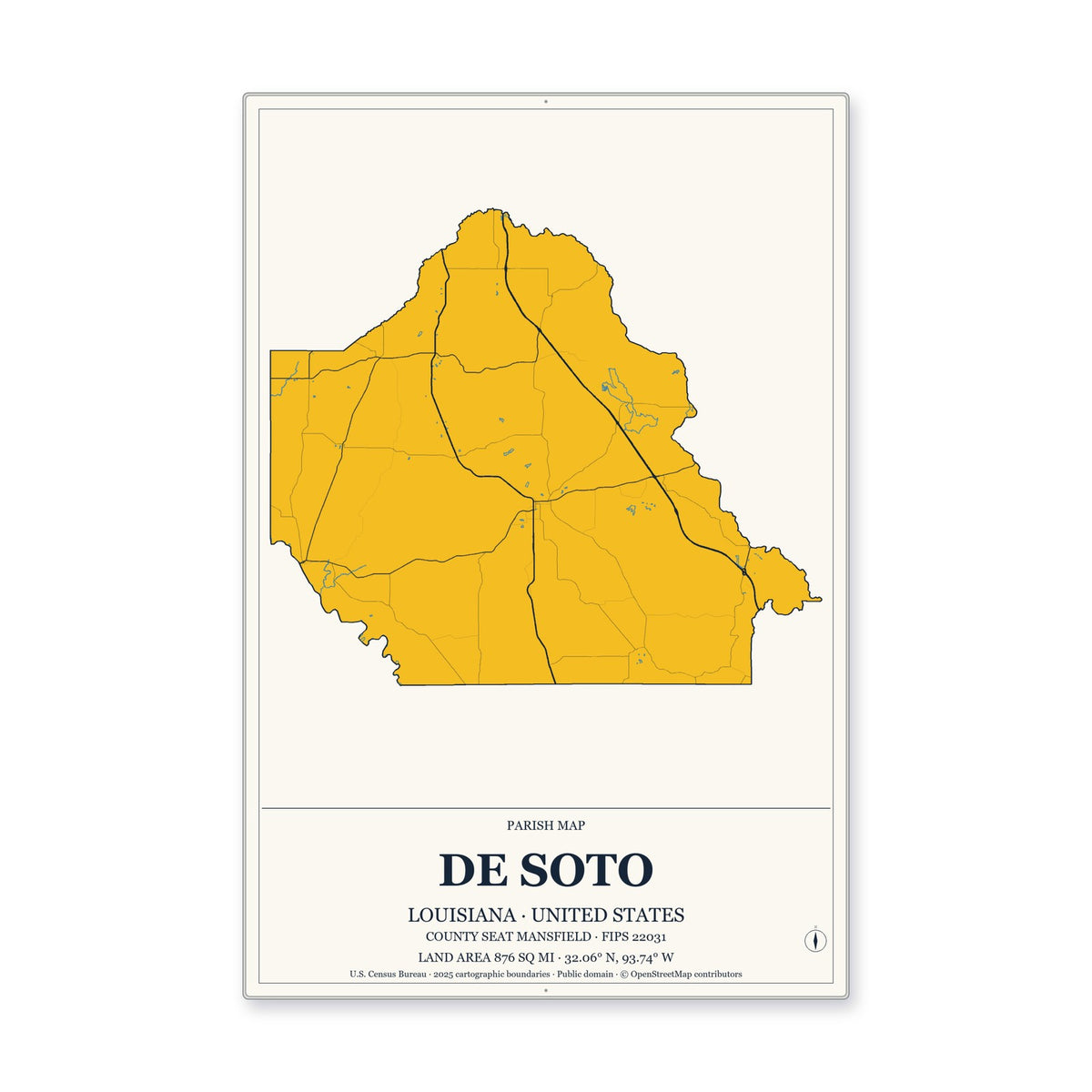 De Soto Parish, Louisiana Map Aluminum Sign in Citrine Modern style