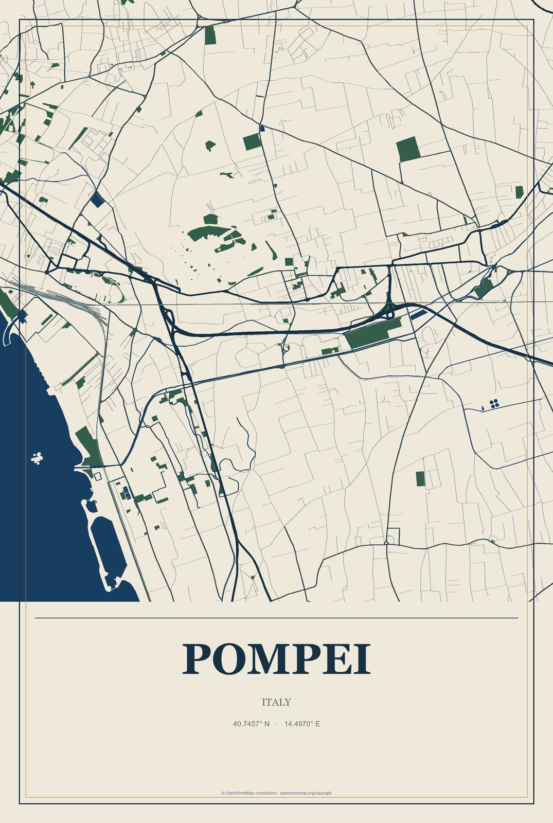Pompei, Italy City Map Aluminum Sign in Coastal Cutout style