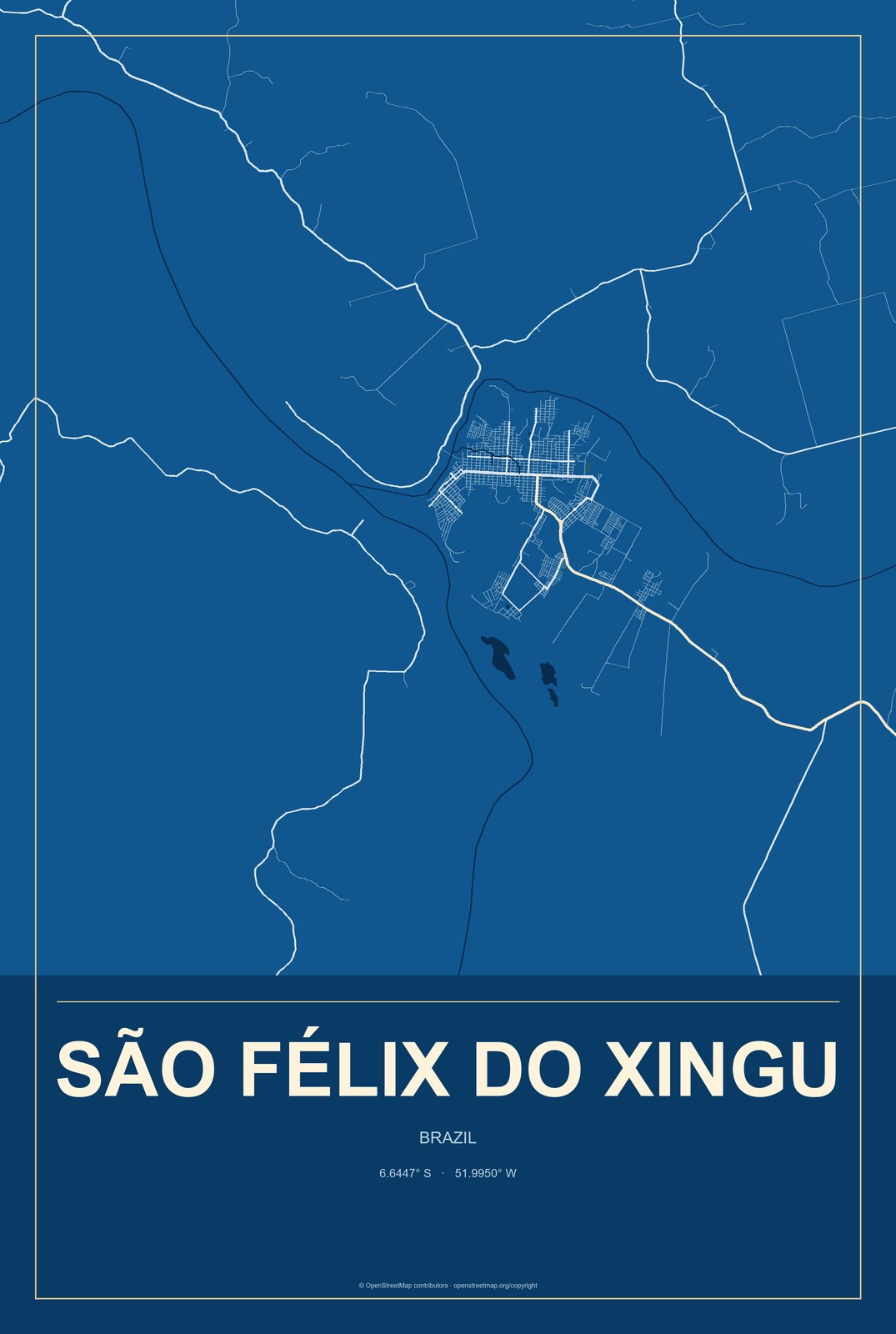 São Félix do Xingu, Brazil City Map Aluminum Sign in Harbor Cobalt style