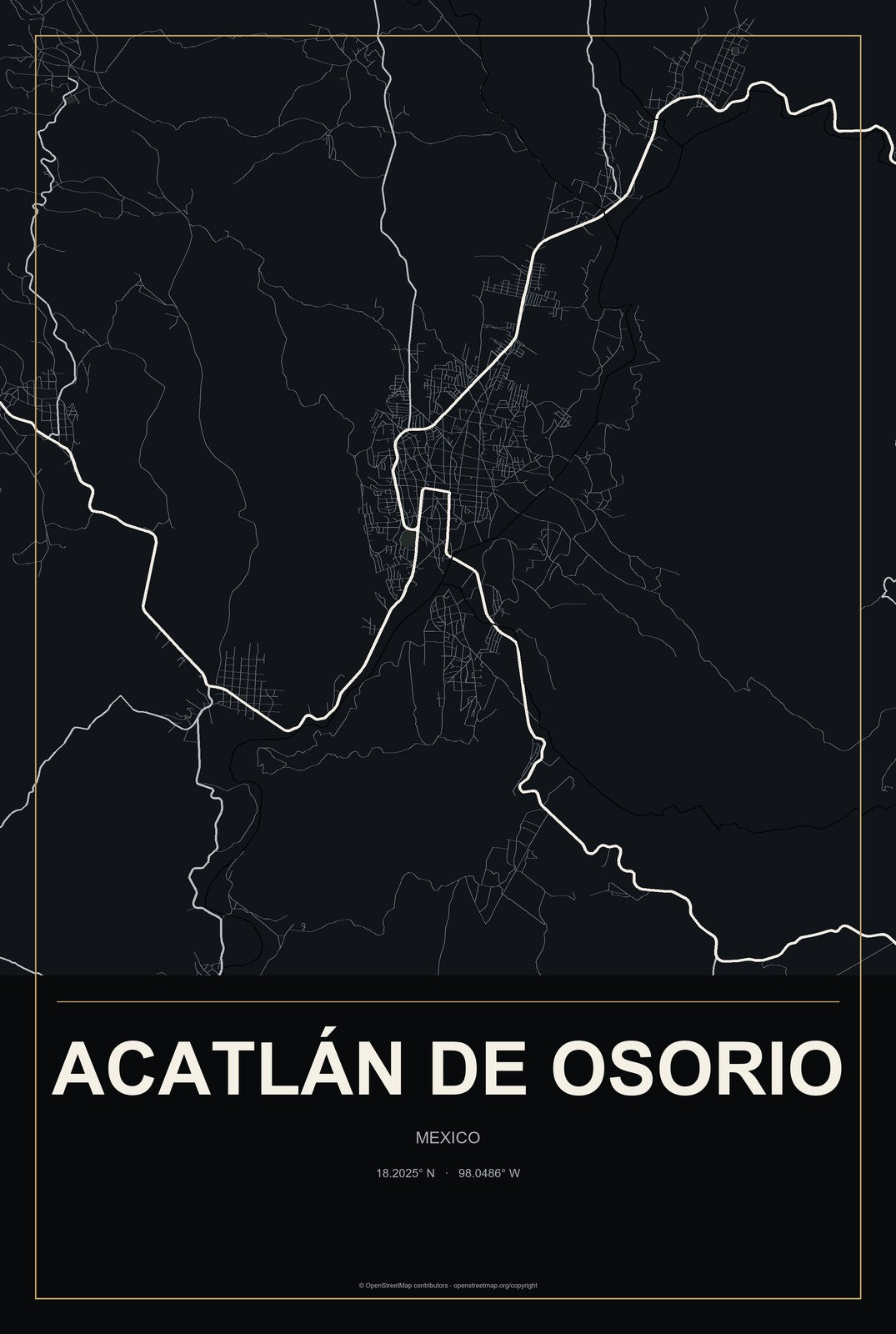 Acatlán de Osorio, Mexico City Map Aluminum Sign in Metropolitan Noir style