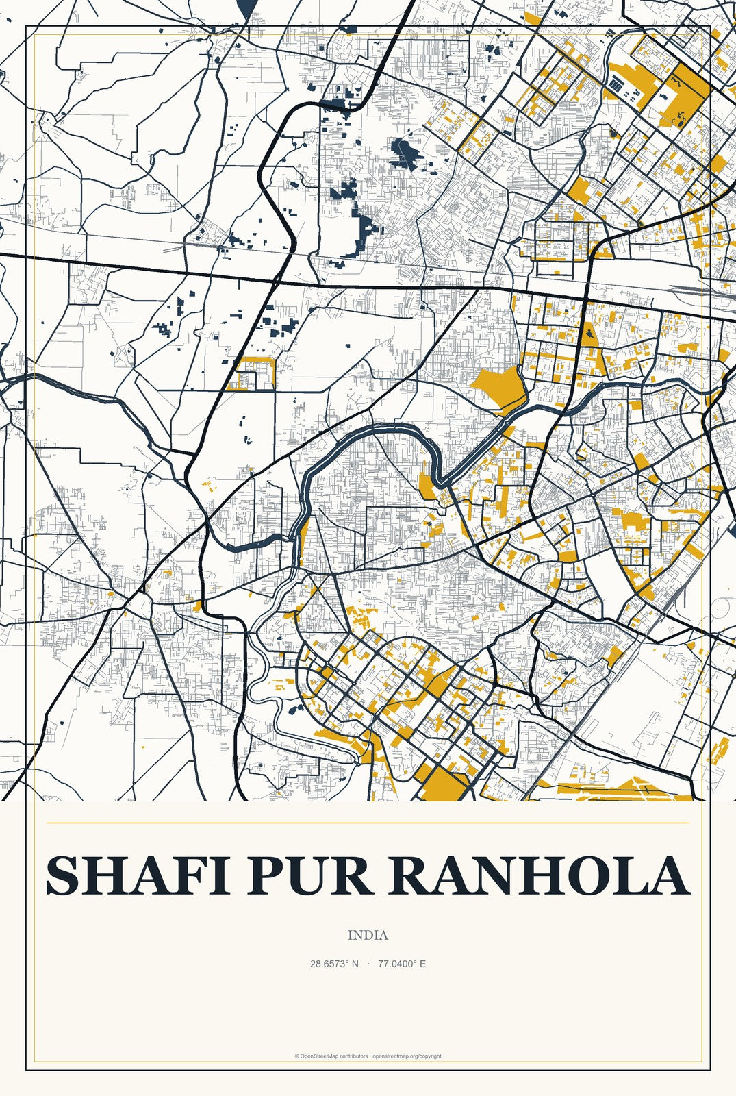 Shafi Pur Ranhola, India City Map Aluminum Sign in Citrine Modern style