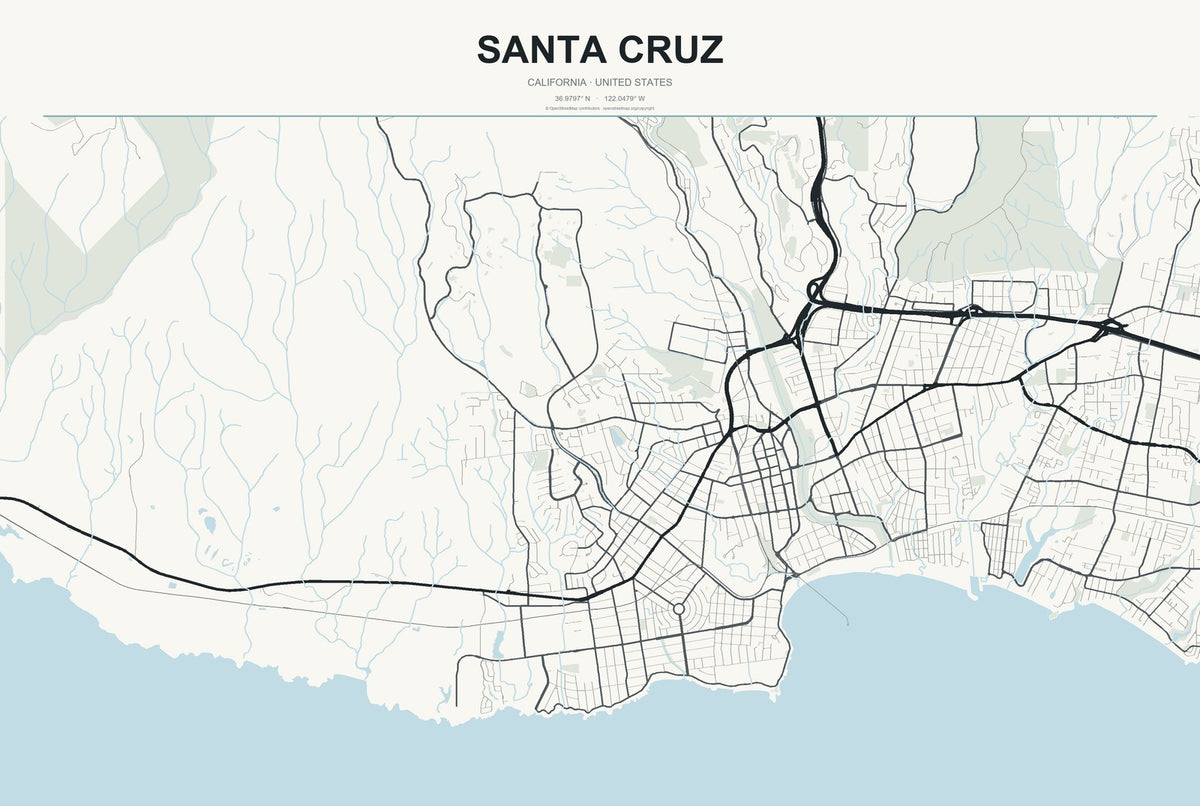Santa Cruz, California City Map Aluminum Sign in Headline Atlas style