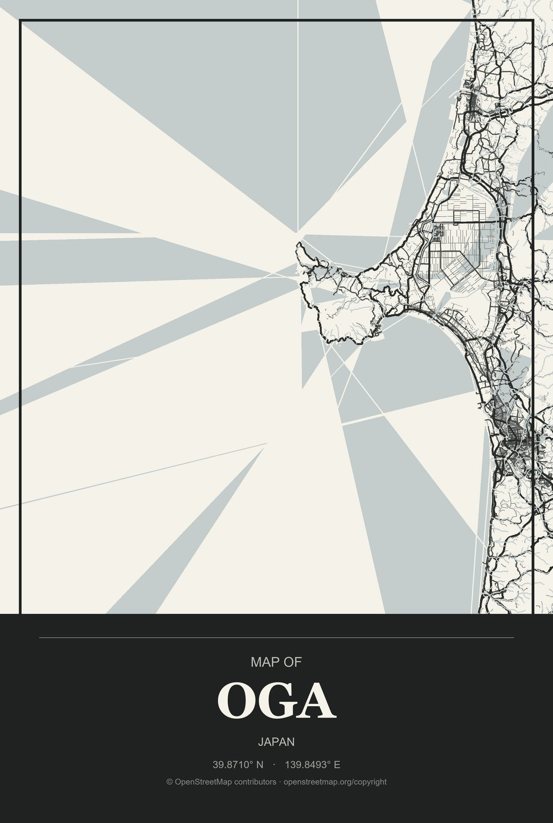 Oga, Japan City Map Aluminum Sign in Museum Plaque style