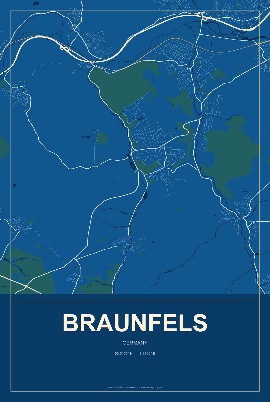 Braunfels, Germany City Map Aluminum Sign in Harbor Cobalt style