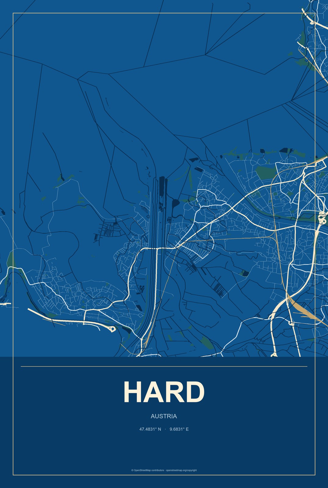 Hard, Austria City Map Aluminum Sign in Harbor Cobalt style