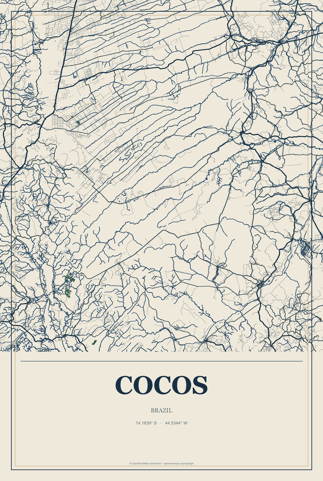 Cocos, Brazil City Map Aluminum Sign in Coastal Cutout style