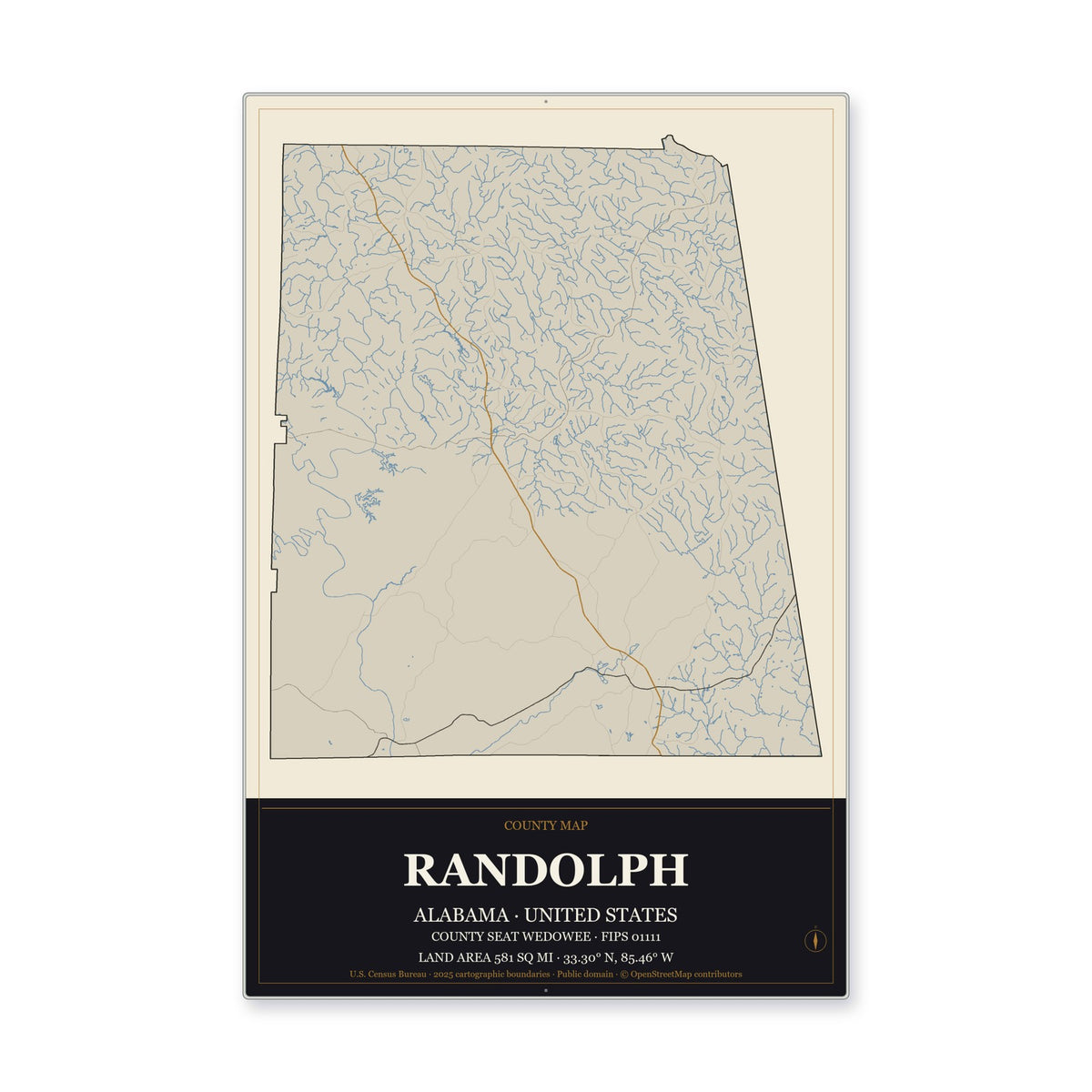 Randolph County, Alabama Map Aluminum Sign in Museum Plaque style