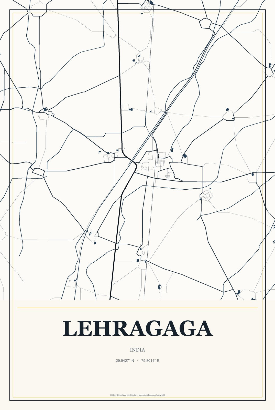 Lehragaga, India City Map Aluminum Sign in Citrine Modern style
