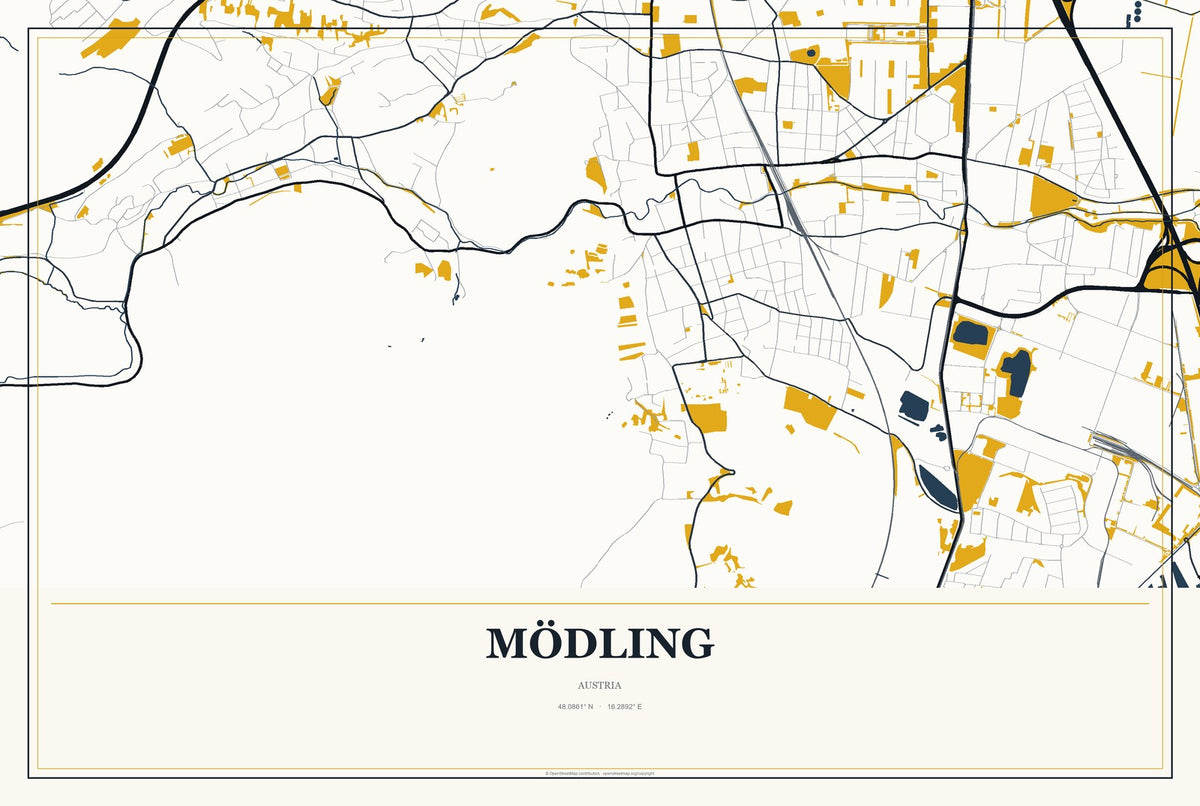 Mödling, Austria City Map Aluminum Sign in Citrine Modern style