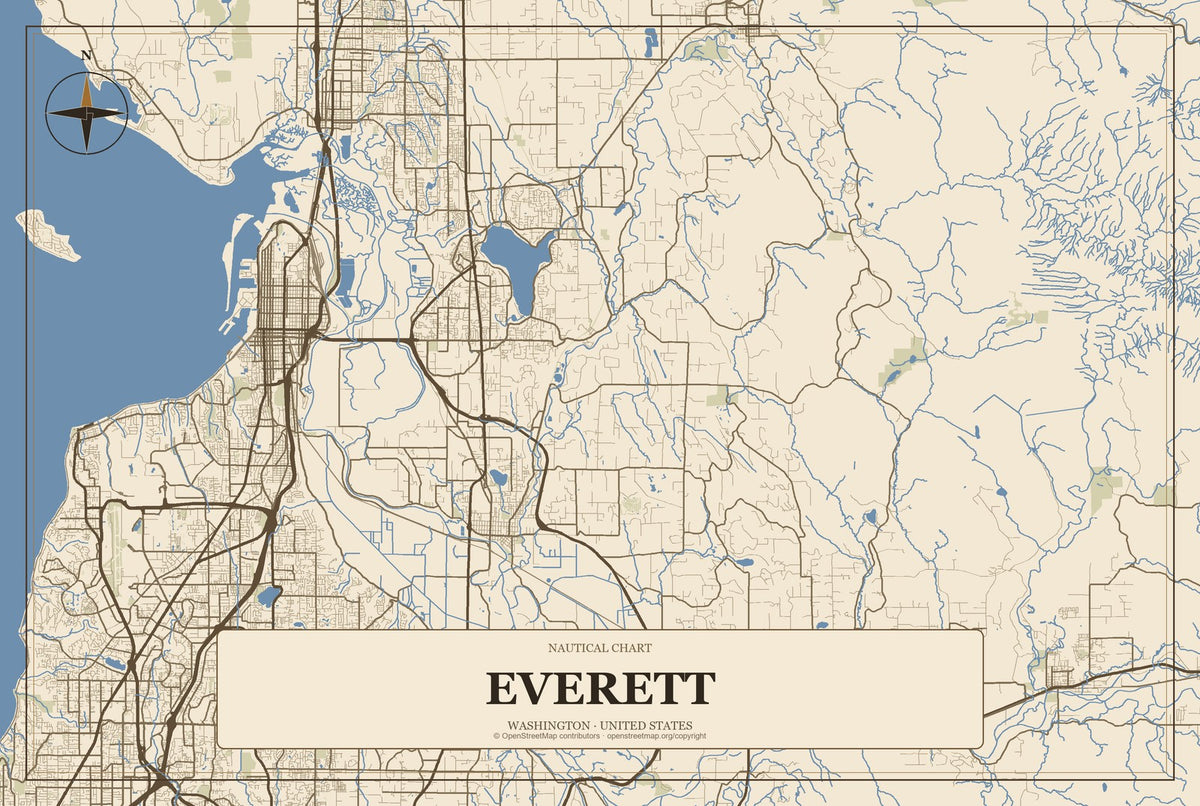Everett, Washington City Map Aluminum Sign in Heritage Nautical style